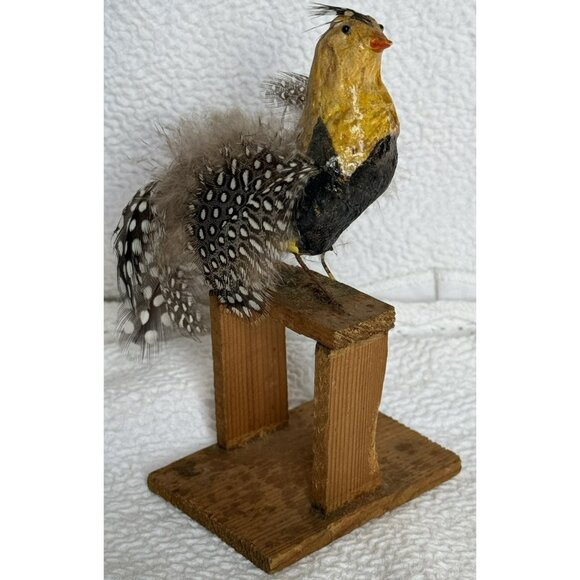 Antique German Made Paper Mache Bird Possibly Sandgrouse Real Feathers Wood Base - Picture 1 of 14